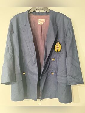 Rafaella Petites Vintage 100% Linen Blue Double-Breasted Crest Blazer Size 14